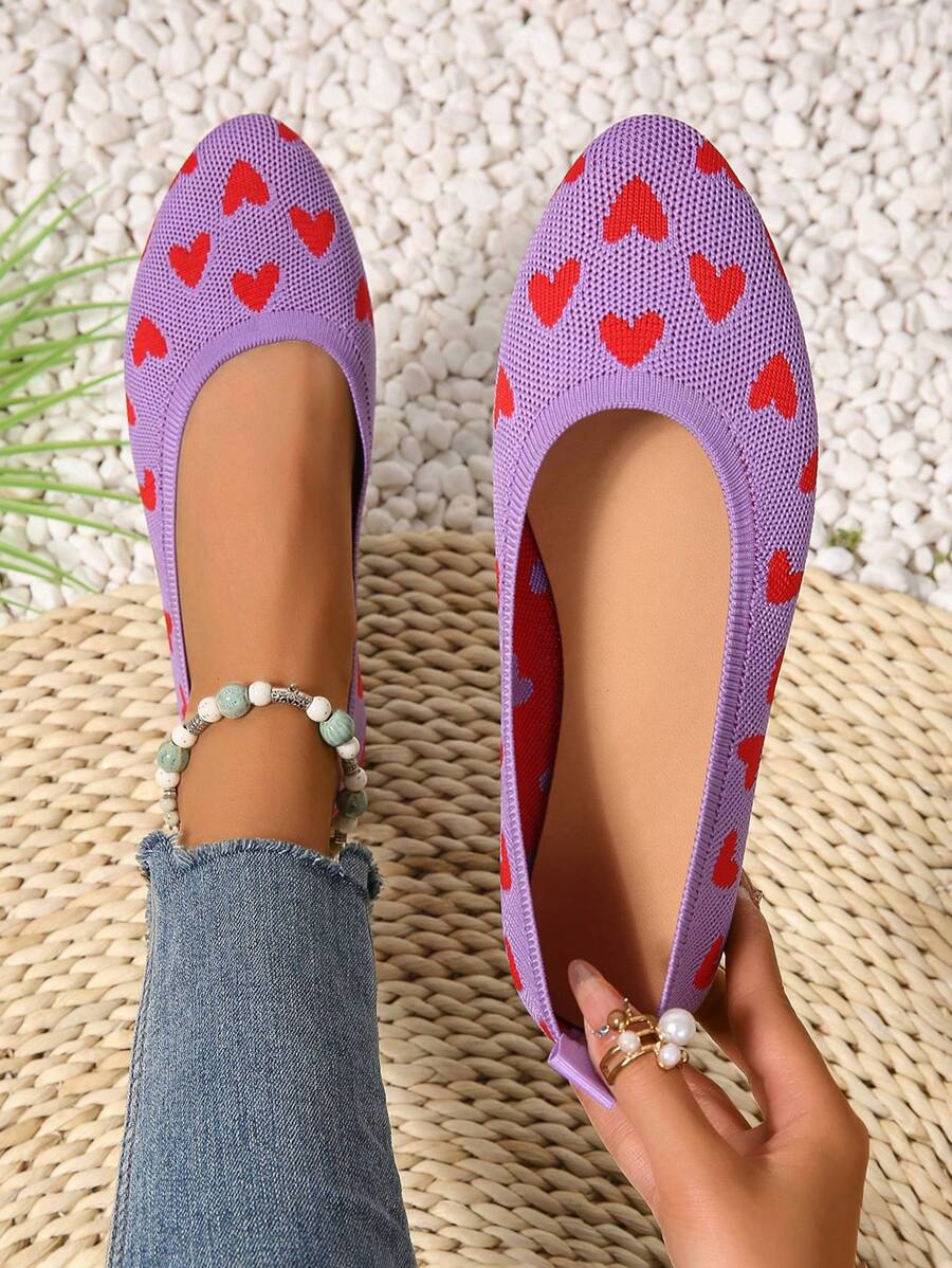 Women's Fashion Flat Shoes, Elegant Round Toe Slip-On Flats For Spring/Summer, Heart Pattern Colorblock Shoes, Breathable Woven Comfort Slip-On Flats, Suitable For Outings, Dates, Valentine's Day, Girly Purple Casual Shoes