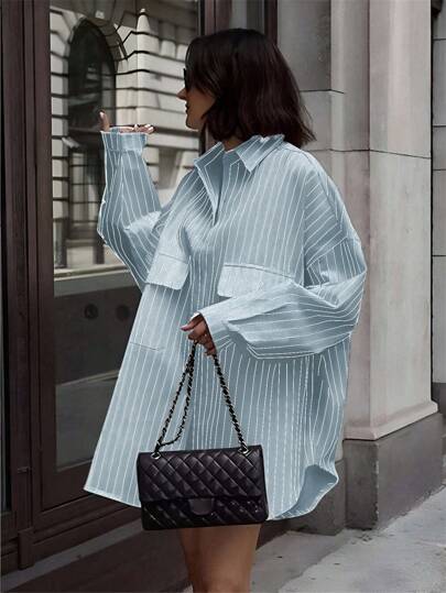 Cămașă cu mânecă lungă cu buzunare mari în dungi