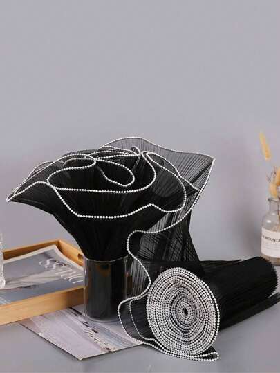 1pc 28x200cm/28x400cm Floral Pleat Wave Organza Flower Bouquet Wrapping Fabric, Ruched Wave Organza, Faux Pearl Organza, White, Black, Pink Flower Wrapping Organza