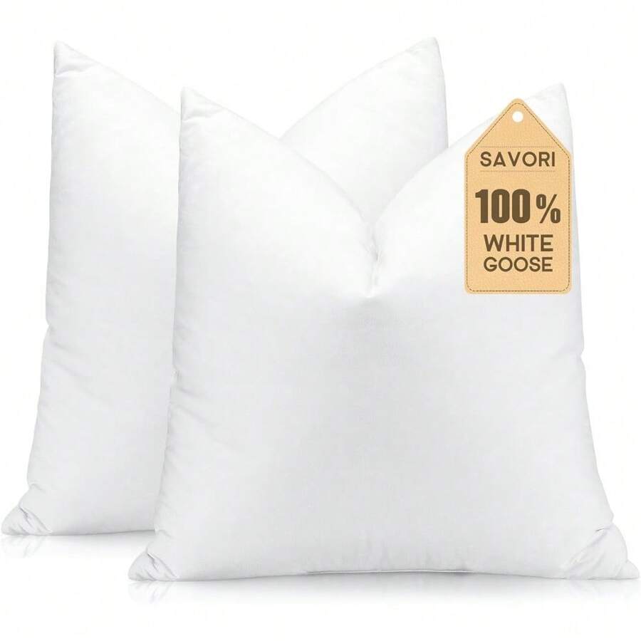 SAVORI Set Of 2 Down And Feather Throw Pillow Inserts 26x26 Soft Fluffy Pillow Inserts With 100% Down-Proof Cotton Cover, Decorative Square Cushion Inner For Sofa Couch Bed-White - 28x28 Inch - View 1