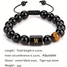 1 件首字母男士串珠编织手链天然黑玛瑙虎眼石珠子编织绳配有意义的手链