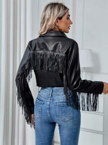 Chaqueta corta de piel sintética con flecos y cinturón estilo retro para mujer Risissida - Chaqueta de cuero de moda para mujer en otoño/invierno - Negro - Ver 4