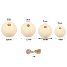100pcs Wooden Beads Natural Unprocessed Round Wood Loose Beads Multi-Size Wooden Spacer Beads Suitable For Craft Making Decorations And DIY Crafts With 10m Rope (10mm, 16mm, 20mm, 25mm)