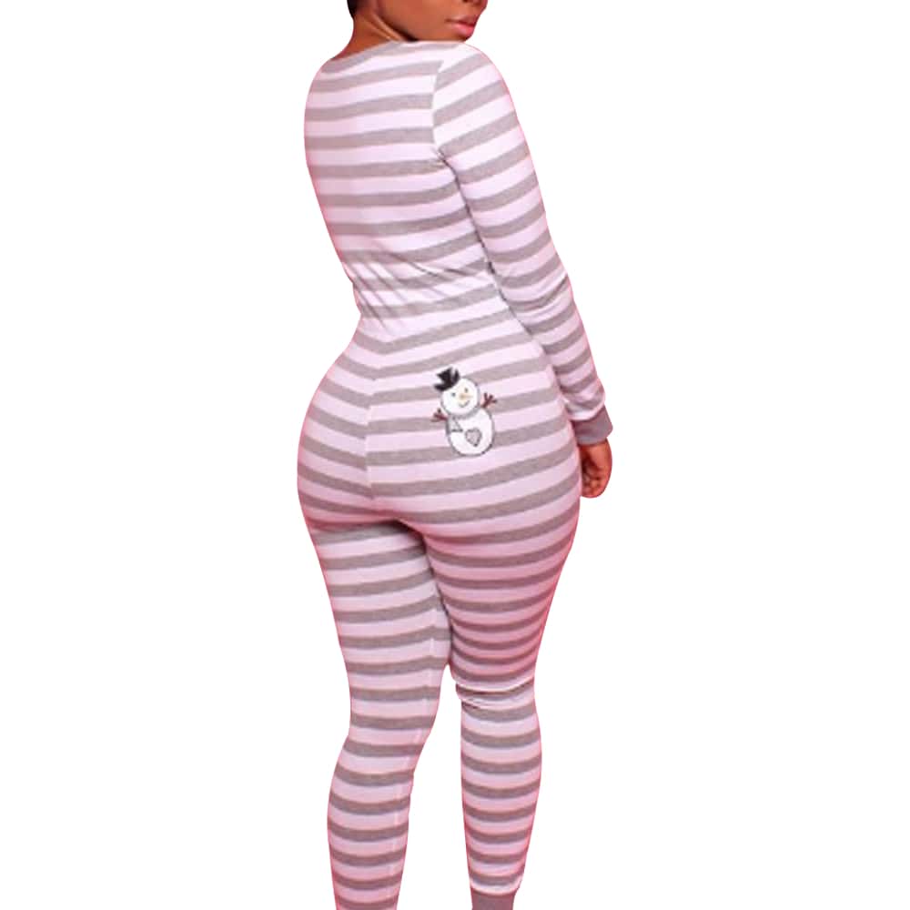 Women's Christmas Long Sleeve Stripe Snowman Print One Piece Pajamas Bodycon Jumpsuit Button Neck Sleepwear Romper Valentine's Day Nightwear Spring Fall New Years Clothes Party Holiday Outfits - 灰色 - 查看 1