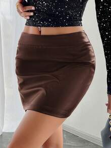 Women Solid Color Bodycon PU Leather Sexy Skirt - Brown - View 7