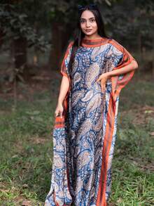 一套女士春夏新款仿丝印花沙滩度假比基尼罩衫披肩，缎面睡袍+头巾，适合旅行和日常使用 - 彩色 - 查看 2