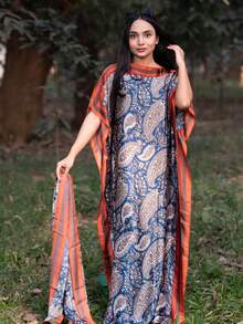 一套女士春夏新款仿丝印花沙滩度假比基尼罩衫披肩，缎面睡袍+头巾，适合旅行和日常使用 - 彩色 - 查看 3