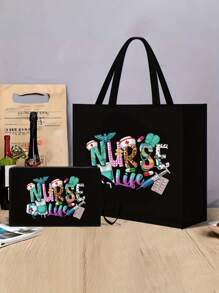 Túi tote họa tiết y tá, túi mua sắm nhẹ, túi du lịch đi biển và túi đựng mỹ phẩm di động, thiết kế in chữ và họa tiết nghệ thuật, phù hợp cho phụ nữ sử dụng hàng ngày. - màu đen - Xem 2
