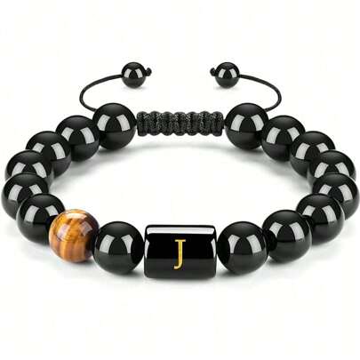 1 pieza Pulsera tejida de hombre con inicial y cuentas, con piedra natural de ágata negra y ojo de tigre, cuerda trenzada con pulsera con significado