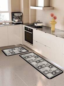 1pc Diatomite Kitchen Mat, High-End Black & White Color Block Retro Floral Pattern Patchwork Design, Luxurious Minimalist Style, Cushioned Anti-Fatigue Kitchen Carpet, Absorbent Quick-Dry Non-Slip Rug For Kitchen, Bathroom, Entryway, Laundry Room, Living Room, Can Be Trimmed To Any Size