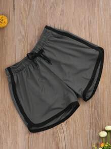 Men Summer Athletic Outfits, Color Splicing Drawstring Elastic-Waist Sports Running Shorts For Boys - Dark Grey - View 2