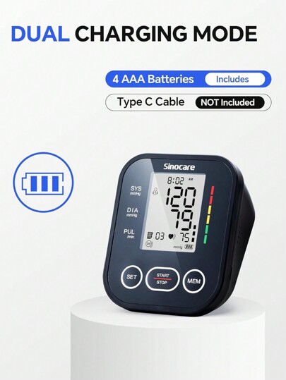 Sinocare Tensiomètre numérique automatique portable pour le bras Sinocare ARM-30E+ avec grand écran LCD, couleur noire