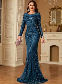 hezixi Women Long Sleeve Rhinestone Decor Elegant Slim Maxi Evening Dress, Party Dress, Wedding Guest Dress, Formal Dress,Gown - 水鴨藍 - 查看 4