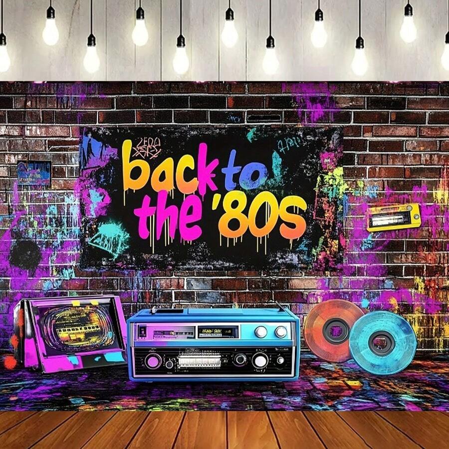 Telón de fondo para fiesta retro de los 80 - Decoración de poliéster multiusos, adecuado para temas de hip hop, rock y discoteca - Perfecto para cumpleaños, bodas, fotomatón y talla grande - Multicolor - Ver 1