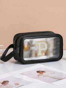 Bolsas de aseo con letra de la A a la Z, de moda y sencillas, tanto para hombres como para mujeres. Bolsas cosméticas impermeables y transparentes de tamaño de cuarto de galón para viajes, aptas para ambos sexos, se pueden llevar en avión y regalar como un regalo para tu novia, un neceser de maquillaje para viajar, un organizador de baño, útiles escolares - Negro - Ver 11