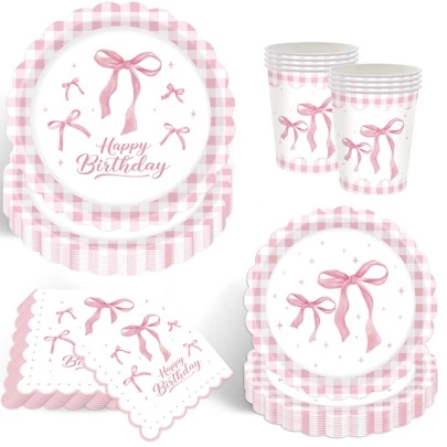 10 件粉色蝴蝶结派对盘子杯子餐巾和餐具套装适用于 Conquette 生日装饰粉色扇形蝴蝶结纸盘餐巾粉色生日派对用品单身派对新娘订婚生日礼物