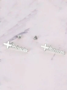 1 Pair Of Personalized Custom Text Cross Earrings, Simple And Fashionable Necklace Made Of 18k Gold Plated Stainless Steel Jewelry, As A Valentine's Day Gift, Mother's Day Gift, Matched With Exquisite High-End Gift Box, Give It To Her - Silver - View 2