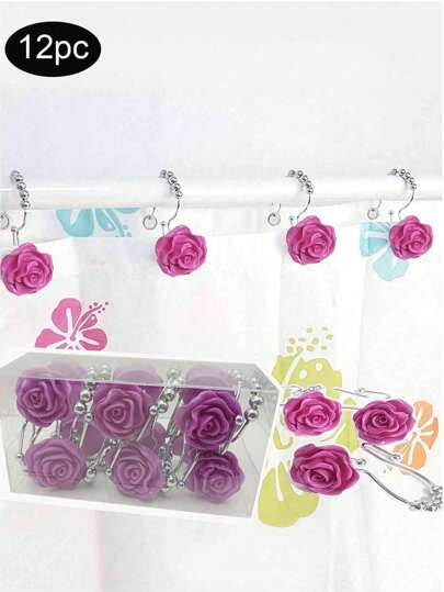 12pcs Luxury Rose Resin Decorative Rust-Proof Metal Double Hooks With Sliding Beads For Curtains And Shower Curtains