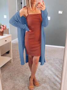 Womens Open Front Knit Sheer Cardigans Summer Boho Lightweight Long Sleeve Long Sweater - Màu xanh lam - Xem 3
