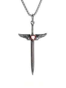 1pc Vintage Cross Sword Angel Wing Pendant Necklace, Unisex Punk Jewelry Gift