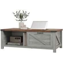 Mesa de centro de estilo granja con almacenamiento, gris envejecido | 2 estantes, 1 cajón, pie ajustable | 46" de ancho x 23.25" de profundidad x 16" de alto | Tablero de partículas de grado P2, diseño retro de puerta de granero | Fácil montaje, construcción resistente, capacidad de carga de 132 libras
