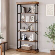 Industrial Bookshelf Wood Bookcase 6 Tier Storage Open Rack Shelf With Metal Frame Rustic Tall Standing Bookshelves Large Grey Display Rack For Bedroom,Living Room And Home Office