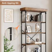 Industrial Bookshelf Wood Bookcase 6 Tier Storage Open Rack Shelf With Metal Frame Rustic Tall Standing Bookshelves Large Grey Display Rack For Bedroom,Living Room And Home Office