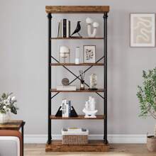 Industrial Bookshelf Wood Bookcase 6 Tier Storage Open Rack Shelf With Metal Frame Rustic Tall Standing Bookshelves Large Grey Display Rack For Bedroom,Living Room And Home Office