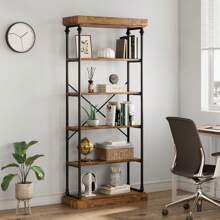 Industrial Bookshelf Wood Bookcase 6 Tier Storage Open Rack Shelf With Metal Frame Rustic Tall Standing Bookshelves Large Grey Display Rack For Bedroom,Living Room And Home Office
