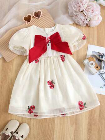 女童时尚刺绣花卉网眼连衣裙大蝴蝶结公主裙 适合婴儿/幼儿，夏季