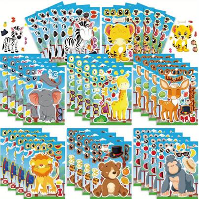 8/16pcs Animal Puzzle Stickers, Zebra, Lion, Tiger, Giraffe, Elephant, Deer, Brown Bear, Gorilla, DIY Face Decoration Stickers, Holiday Party Gift Bag Filler, Birthday Gift