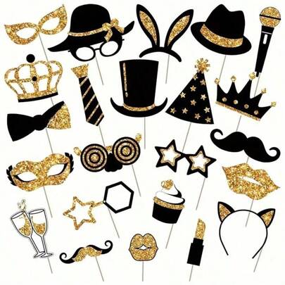 23 st fotobåsrekvisita roliga fototillbehör för födelsedag, bröllop, fest, discokarneval, blandning av hattar, läppar, slipsar, kronor, partyspel och evenemangsfotograferingstillbehör