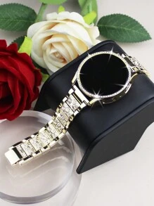 女款亮面水鑽金屬錶帶與錶殼組合，相容 Galaxy Watch 4/5/6/7/8/9 系列 40、44mm，時尚奢華商務休閒派對錶帶與防摔硬 PC 錶殼組合 - 金色 - 查看 3