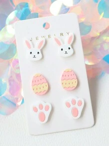 3 Pairs Acrylic Faux Soft Clay Painted Carved Rabbit & Easter Egg Stud Earrings Set, Cute Holiday Gift, Party Earrings - Easter Three Piece Set - View 4