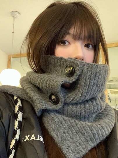 1pc Button Knitted Neck Warmer, Slit High Collar Shawl Scarf, Warm Neck Gaiter