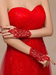 1 par de guantes cortos sin dedos con decoración de encaje y cristales para novia, para mujeres, accesorios de San Valentín, otoño