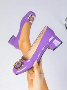 1 paar dames pumps met vierkante neus en hoge hak, dikke, stevige hak, lakleer, gemakkelijk aan te trekken, geschikt voor casual lente-/zomerkleding