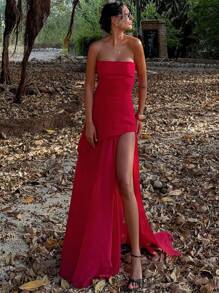 女士优雅合身薄纱拼布开衩下摆鸡尾酒会礼服、节日服装