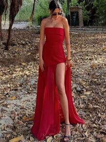 女士优雅合身薄纱拼布开衩下摆鸡尾酒会礼服、节日服装