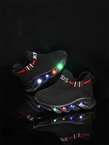 男童黑色布面运动鞋，柔软有弹性，轻便透气，防滑，软底闪光儿童休闲运动鞋，一脚蹬，适合所有季节 - 黑色 - 查看 7