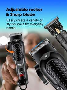 HIENA 1/2pcs Professional Men's Hair Clipper Set, Wireless USB Rechargeable Lithium Battery, ABS Material, Digital Display, Barber And Home Choice, Ideal Home Gift - Black - View 6