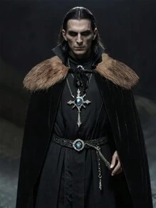 1 套中世纪维京复古加长骑士战士毛茸茸斗篷二合一可拆卸，狂欢节舞台表演服装道具万圣节黑色斗篷 - 彩色 - 查看 4