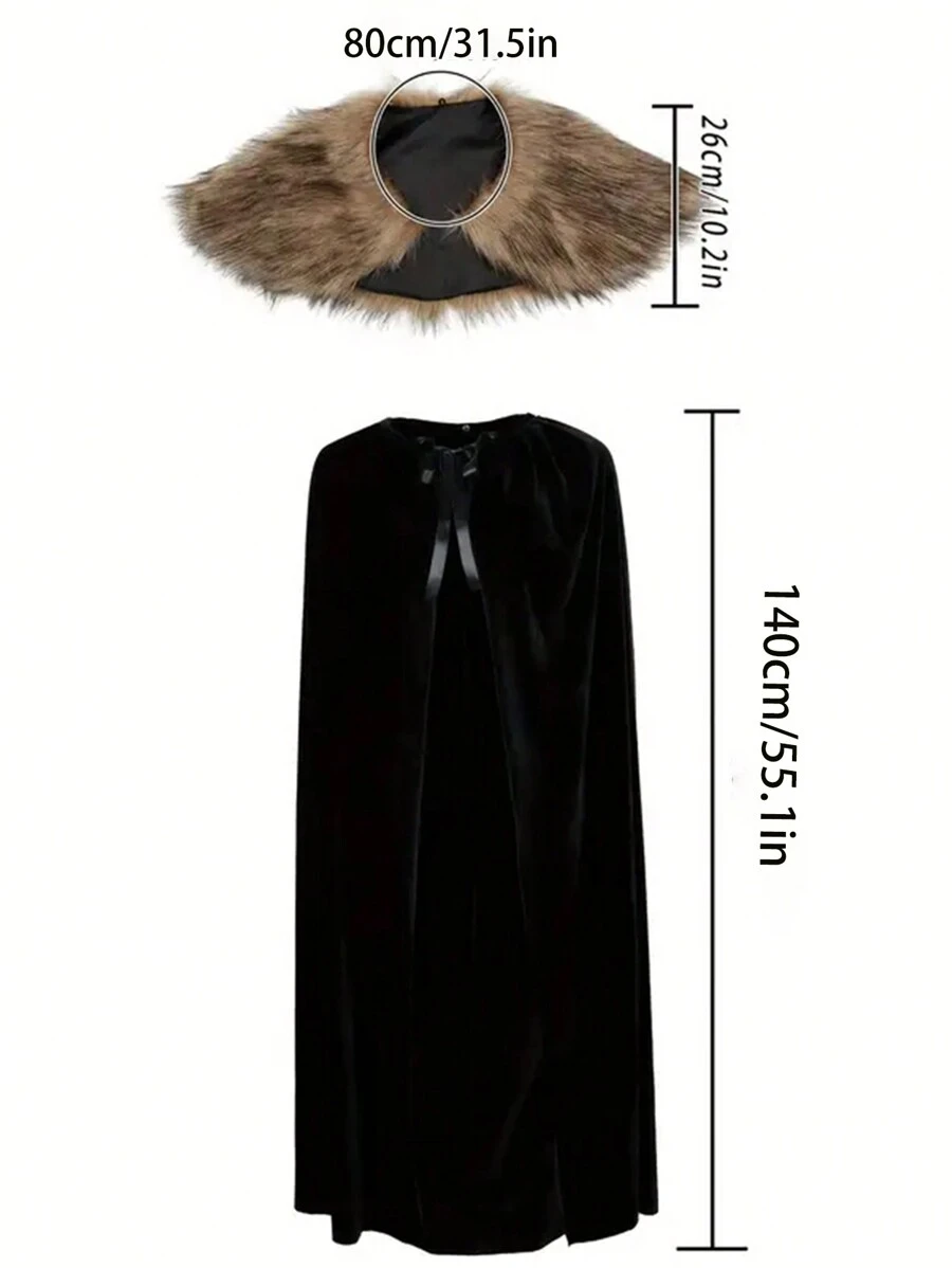 1 套中世纪维京复古加长骑士战士毛茸茸斗篷二合一可拆卸，狂欢节舞台表演服装道具万圣节黑色斗篷 - 彩色 - 查看 1