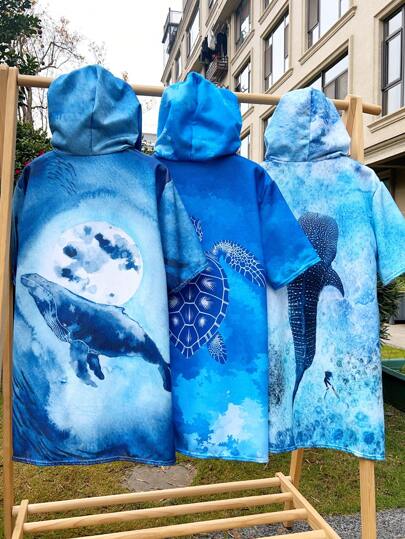 1pc Kids/Boys' Microfiber Quickly Dry Zipper Hooded Beach Cover-Up, Ocean Theme, Enlarged Size, Windproof, Warm And Absorbent For Surfing, Swimming Pool, Beach, Featuring Sea Turtle, Whale, Shark Patterns