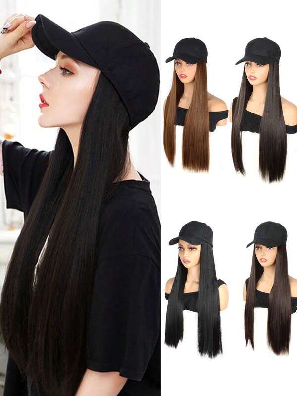 Berretto da baseball con extension per capelli per donna, cappellino regolabile, parrucca sintetica lunga dritta di stile da 18 a 26 pollici, berretto da baseball nero