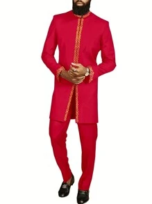 1 Set Men's Red Dashiki Outfit, Gold Printed Collar & Cuffs, Long Sleeve Shirt And Elastic Waist Pants, African Traditional Clothing, Men's Casual 2 Pieces Set, New Style For All Seasons, Suitable For Weddings, Gatherings, Dates, Daily Wear, Cultural Events - View 1