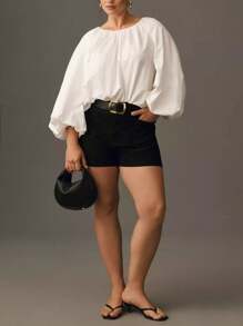 女士加大码圆领优雅纯色上衣灯笼长袖宽松时尚衬衫，春秋日常穿着，情人节白色，后背纽扣 - 白色 - 查看 5