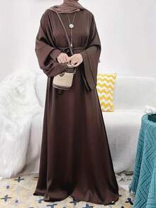 Women's Solid Color Long Sleeve Tie Waist Simple Casual Long Abaya - Brown - View 3