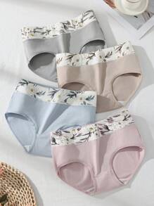 4条装女士高腰纯棉印花内裤，休闲时尚舒适简约三角裤，柔软亲肤 - 彩色 - 查看 5