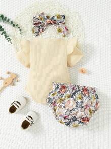 Spring And Summer Baby Girls Cute Holiday Style Little Cap Sleeve One-Piece Bodysuit & Flower Printed Bodysuit & Hairband Set - Apricot - View 6